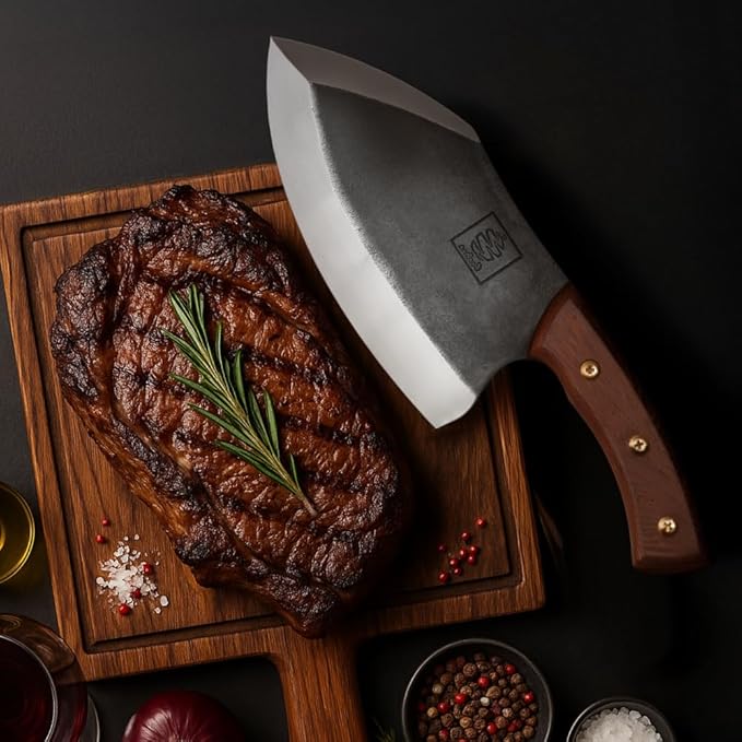 COOLINA Knife Set – Lixy Hand-Forged Butcher Knife & Chef Knife Bundle – Full Tang Carbon Steel Cleaver and Cooking Knife with Wooden Handles – Professional Kitchen & BBQ Knives