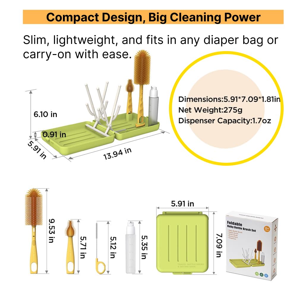 Travel Bottle Cleaner kit, 6in1 Baby Toddler Travel Essential Silicone Bottle Brush Set, Baby Bottle Soap Dispense, Drying Rack, Nipple, Straw Breast Pump Cleaning, Storage Case, Gift for Moms (Green)
