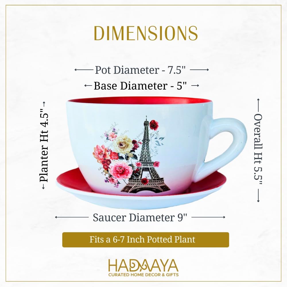 7.5" Ceramic Teacup Planter Pot with Saucer | Ideal for Succulents, Orchids, Herbs & Flowers | Indoor & Outdoor Use | Thoughtful Gift for Wedding & Home Decor & More - RED - Paris Eiffel Tower