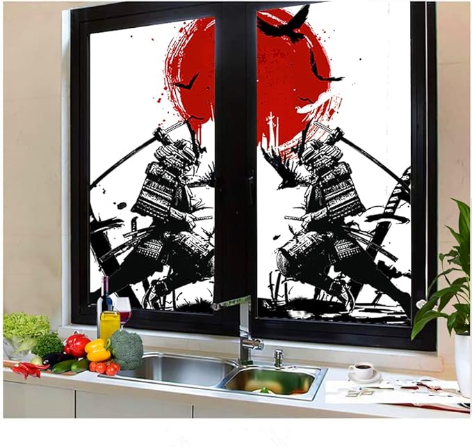Japanese Samurai Stained Glass Film Watercolor Ink Samurai Sword Red Sun Printwindow Tinting Film for Home,Window Film Stained Glass 35.4Wx78.7L-Inch X2Pcs