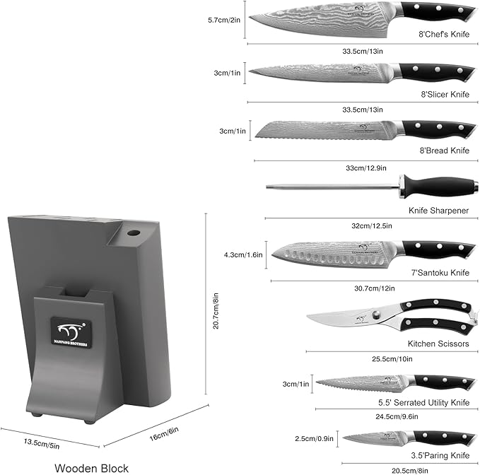 NANFANG BROTHERS Damascus Kitchen Knife Set with Block, 9 Pieces, ABS Ergonomic Handle, Knife Sharpener, Kitchen Shears