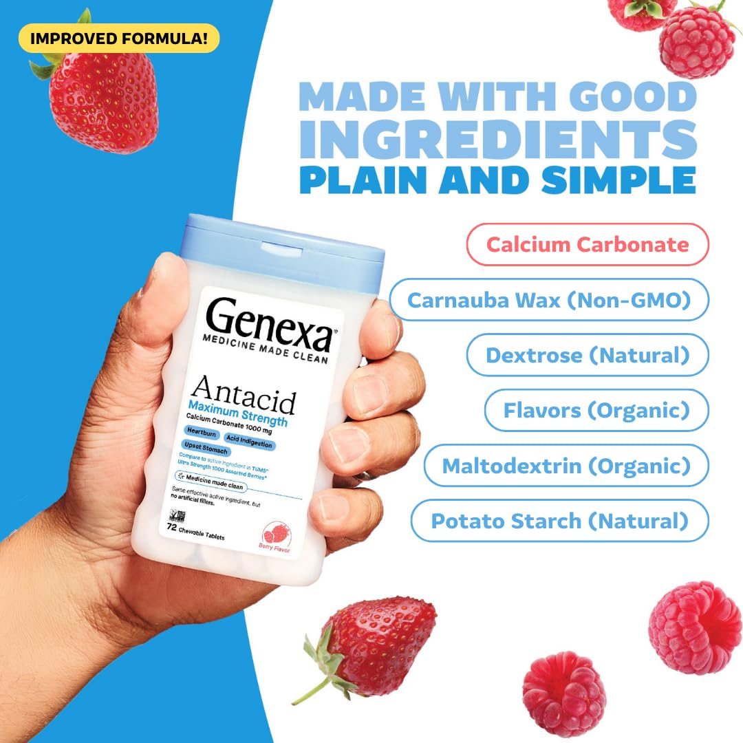 Genexa 3 Pack Clean Antacid Chewable Tablets | Maximum Strength Calcium Carbonate for Heartburn, Acid Indigestion & Upset Stomach Relief | Dye Free, 0% Artificial Additives | Berry Flavor, 216ct