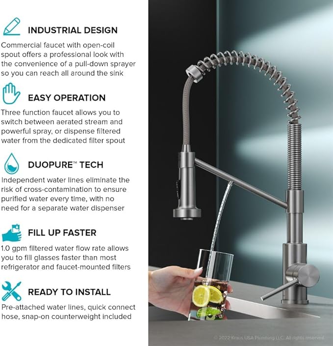 KRAUS Bolden 2-in-1 Commercial Style Pull-Down Single Handle Water Filter Kitchen Faucet for Reverse Osmosis or Water Filtration System in Brushed Brass, KFF-1610BB