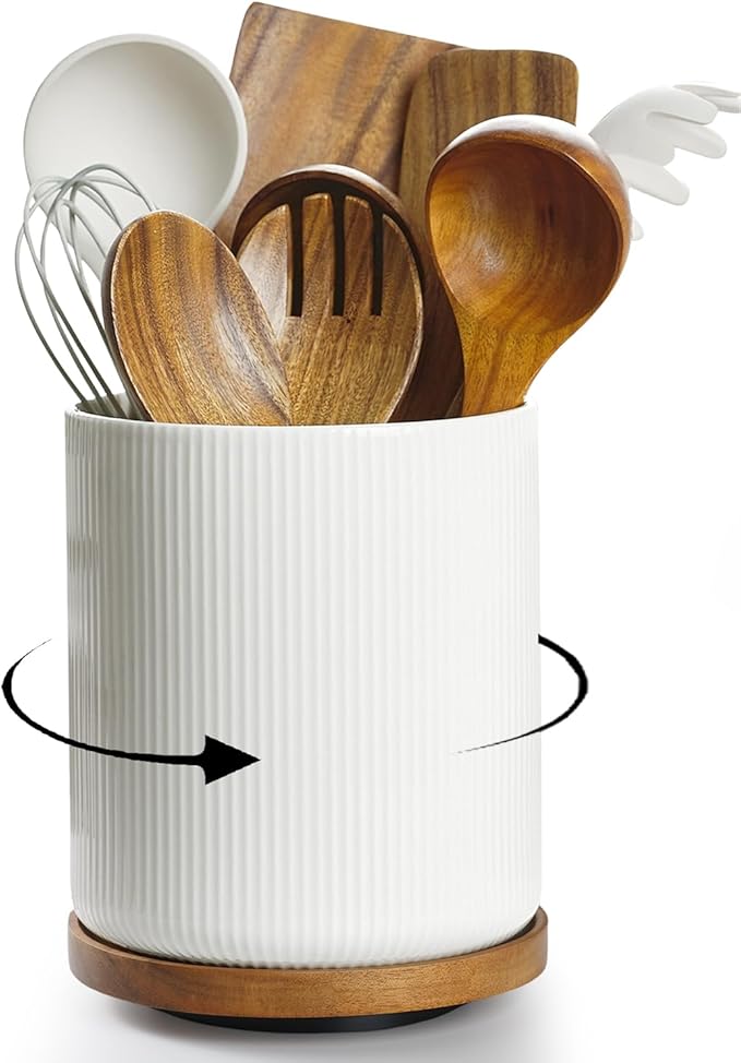 getstar Large Kitchen Utensil Holder for Kitchen Counter (H7.2” x W6.2”), Ceramic Cooking Utensil Holder with Cork Mat (White, Large(7.2") with Rotating Base)