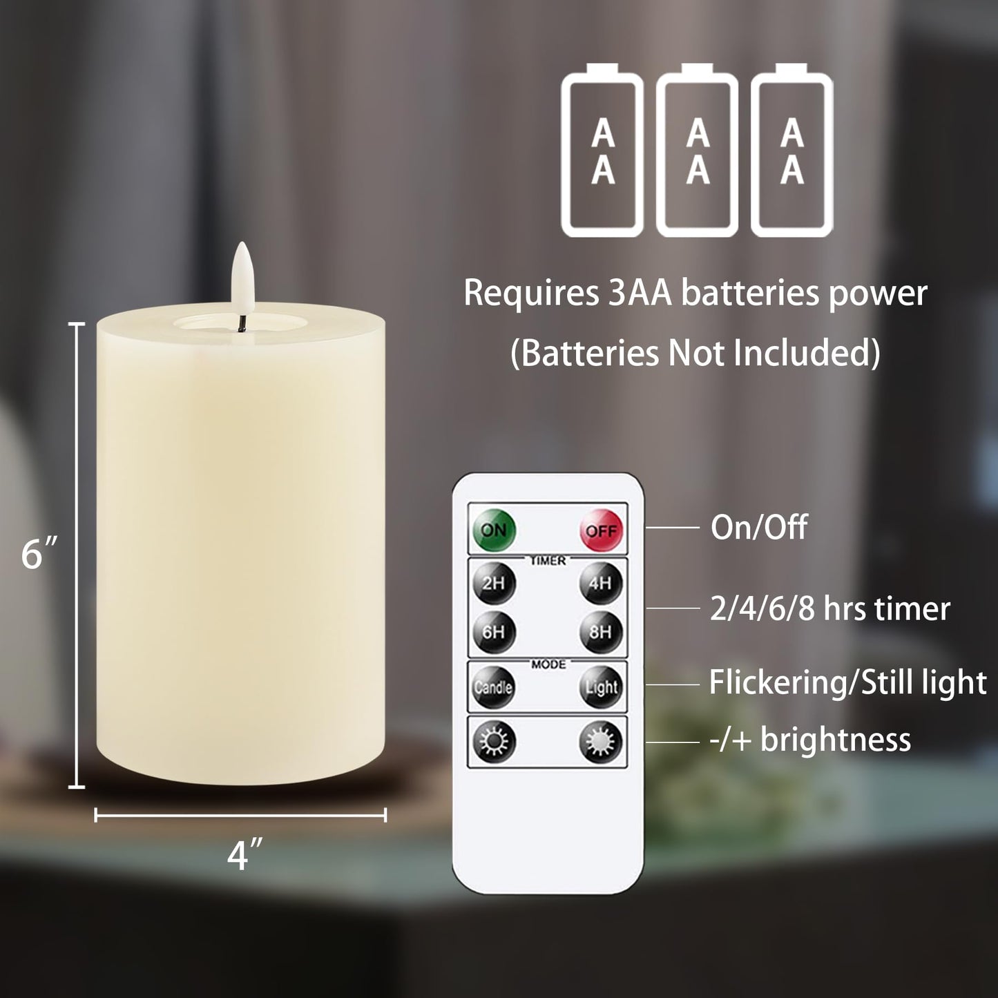 Zevanor Flameless Flickering 4" x6" Real Wax Ivory Remote Candles with Candle Grease, Pack of 2 Timer LED Battery Operated Fake Warm Light Pillar Candles for Home, Banquet, Ceremony Decoration