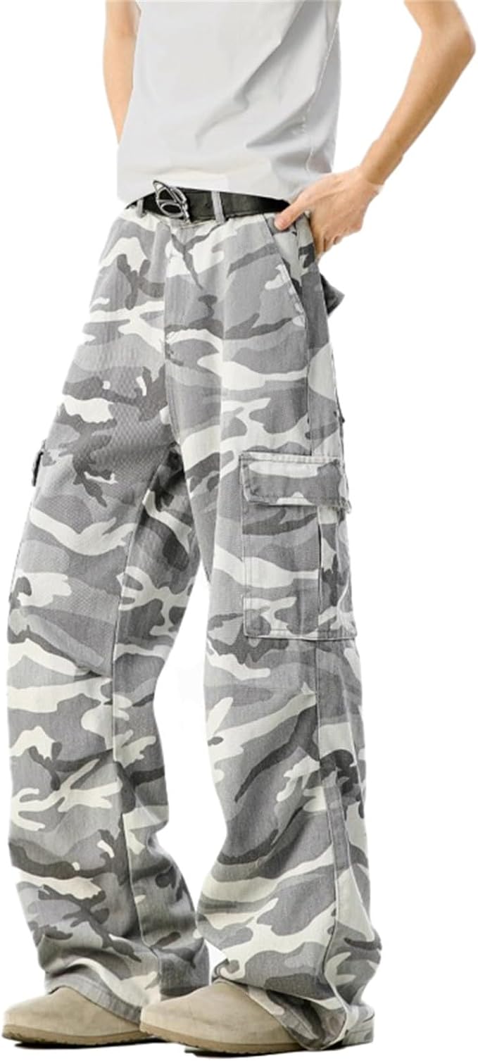 Camo Cargo Pants Mens Casual Graphic Oversized Wide Leg Hiking Pants Trendy Stretch Breathable Plus Size Lightweight Trousers
