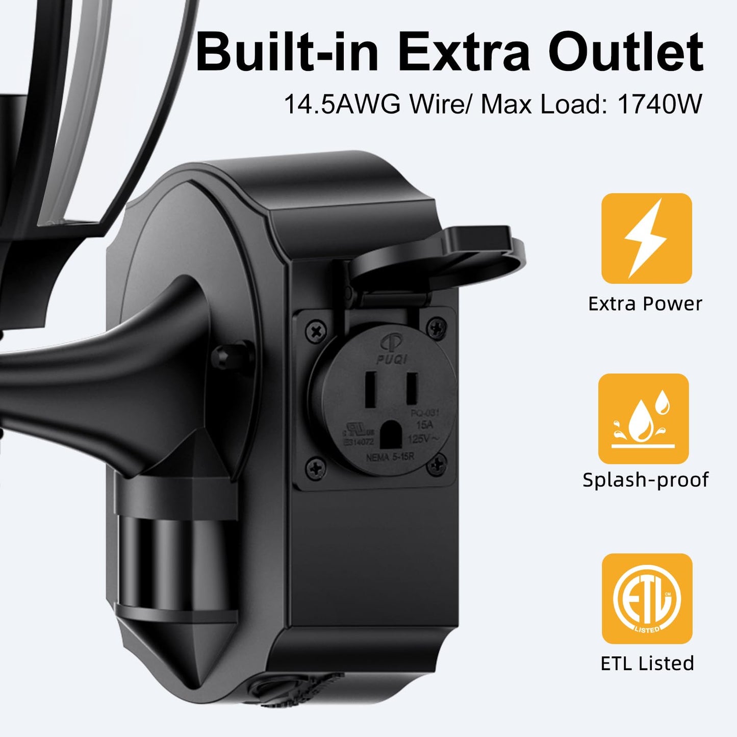 Lamomo Porch Lights Outdoor with Outlet, Motion Sensor, Waterproof Aluminum, 2 Pack, Black