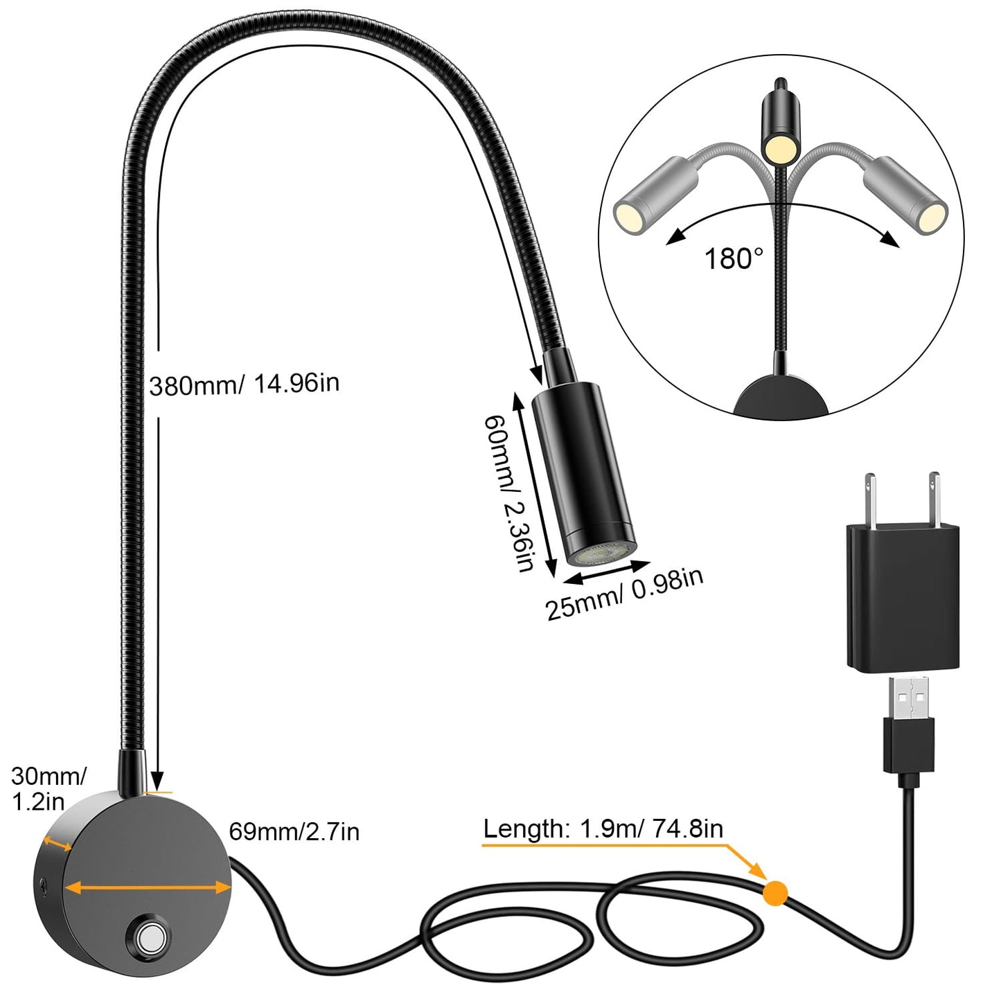 ERAY LED Wall Mount Reading Light, 15in Gooseneck, Dimmable, USB Charging, Aluminum, Black, Model E280-Leselampe