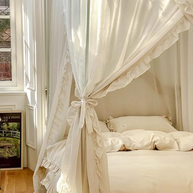 Mengersi Linen Canopy Bed Curtains,Bed Canopy Curtains 4 Corner Bed Drapes Sheer Curtains for Bedroom Decor (Ivory, Queen)