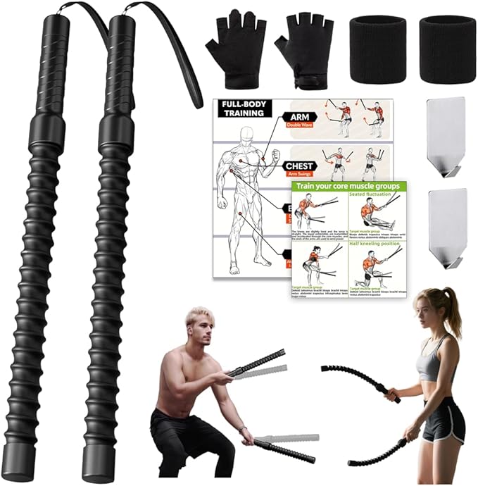 Ropeless Battle Ropes – Weighted Portable Workout Ropes for Home Gym, Cordless Jump/Arm Exerciser with Non-Slip Gloves & T...