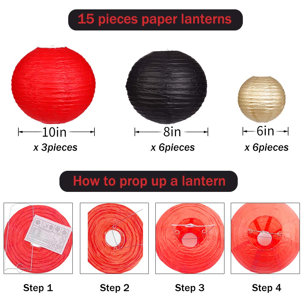 Zilue Paper Lanterns 15Pcs Decorative Party Supplies Black/Gold/Red For Weddings, Graduations, Birthdays - Model Pl1003