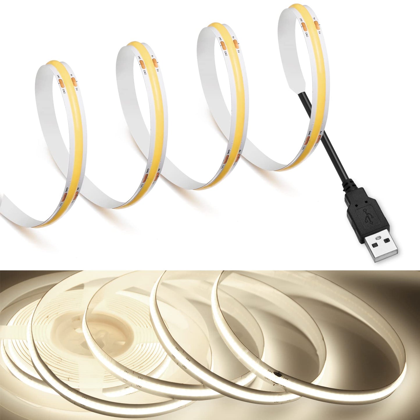 MDee COB LED Strip Lights 4000K Nature White, 16.4ft/5m, USB Powered, Flexible, Model LEDSTRIPLIGHT, CRI 90+