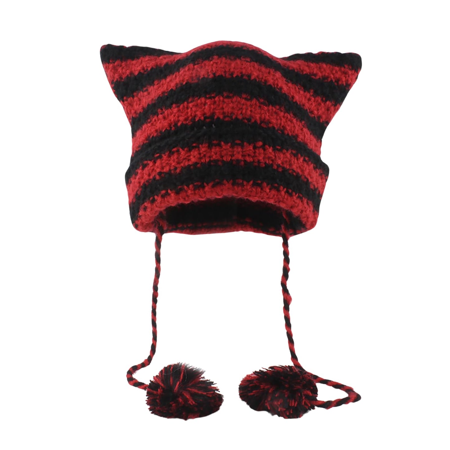 yolrdiw Grunge Emo Clothes Accessories Cute Cat Ear Hat Striped Crochet Y2k Beanie Black Red