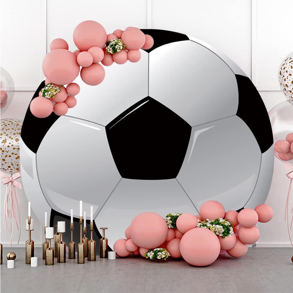 Leyiyi 5.5x5.5ft Soccer Round Backdrop Black and White Round Backdrop Cover Sports Theme Football Background for Kis Boys Man Birthday Party Newborn Soccer Gender Reveal Party Decoration Banner