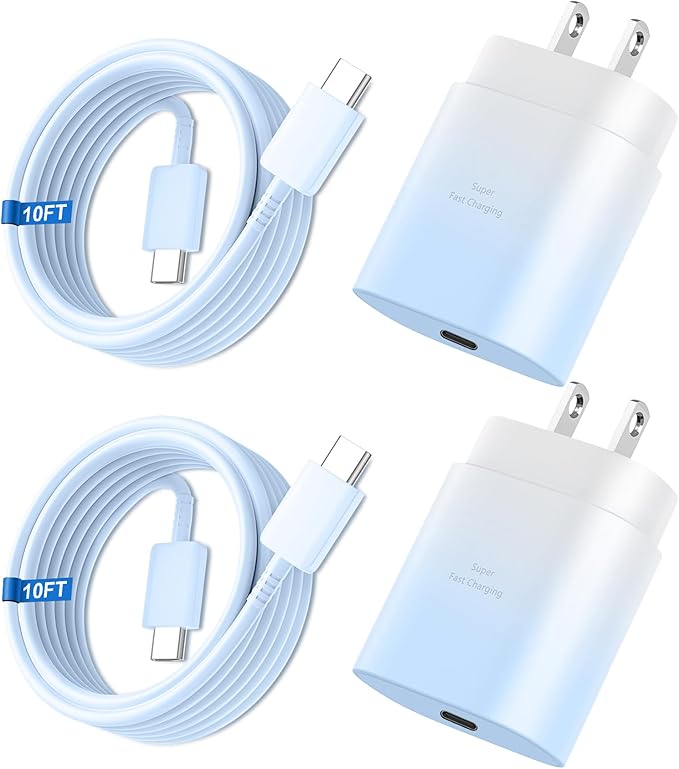 Super Fast Charger Type C, 25W USB C Wall Charger Fast Charging for Samsung Galaxy S25 Ultra/S25/S25+/S24+/S24 Ultra/S24/S24+/S23 Ultra/S22 Ultra/S21 Ultra with 10FT Long Type C Charger Cable 2Pack