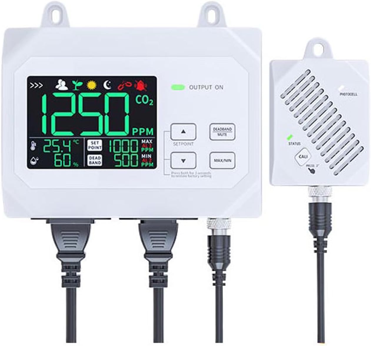 YFYIQI Wall Mount CO2 Controller Carbon Dioxide Monitor with CO2 Repeatability 10ppm External Sensor CO2 Measurement Range 0-9999ppm Digital Color Screen Display Two Mode Charactor Mode Plant Mode