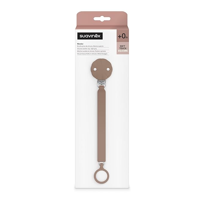 Suavinex Wonder Silicone Baby Pacifier Clip, Spain's #1 Baby Bottle and Pacifier Brand, Paci Clips for Babies, Essentials, Raw Umber