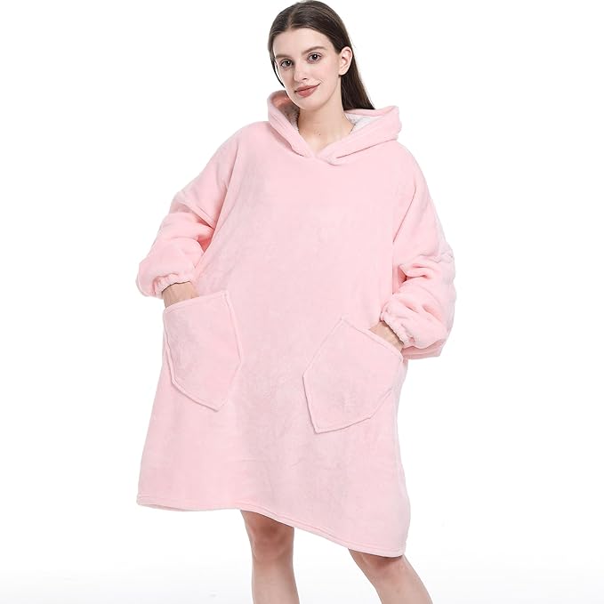 Pink Sherpa Wearable Blanket Hoodie,Oversized Blanket Hooded, Cozy Soft Plush Hooded Blanket for Adult, Warm Christmas Bir...