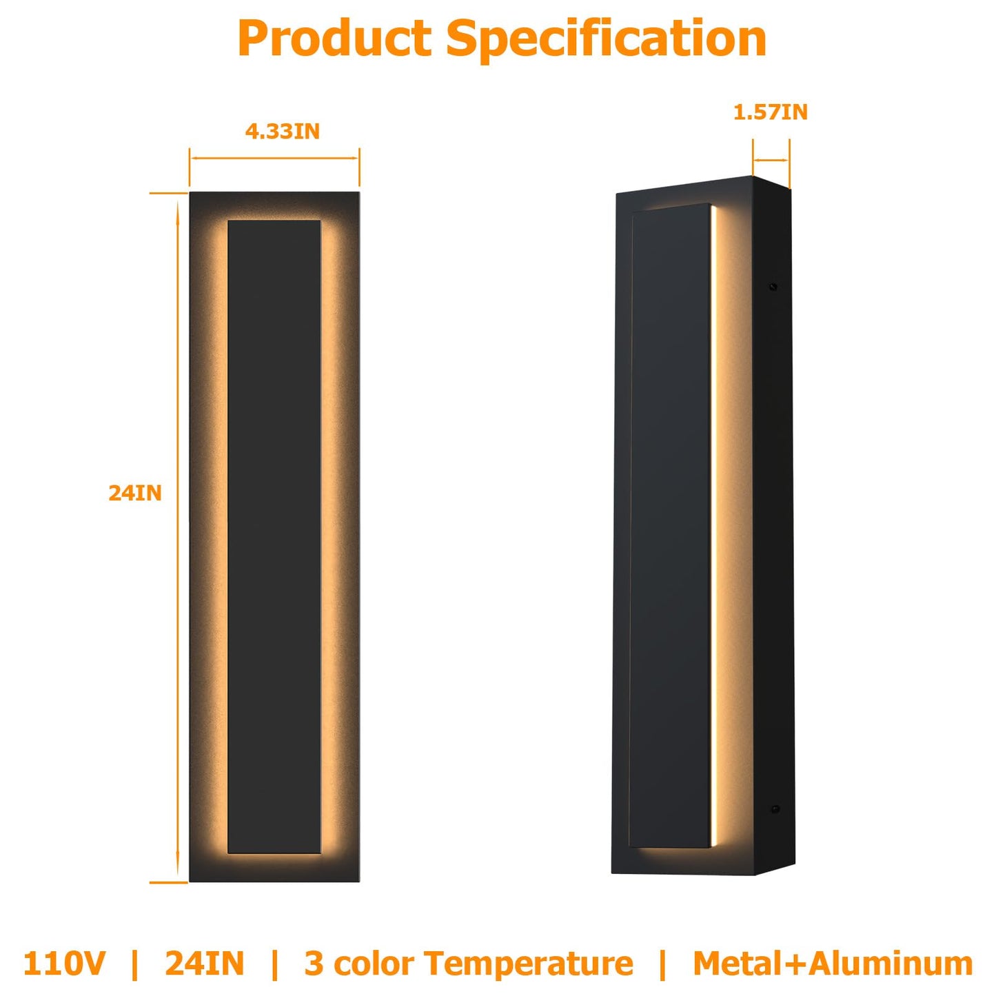 Picico 24In Modern Led Outdoor Wall Lights  Dimmable Black Exterior Wall Sconce Lighting Fixtures  Rectangular Mini Outdoor Garage Lights  360 Beam Angle Vertical Outdoor Lights For House Porch