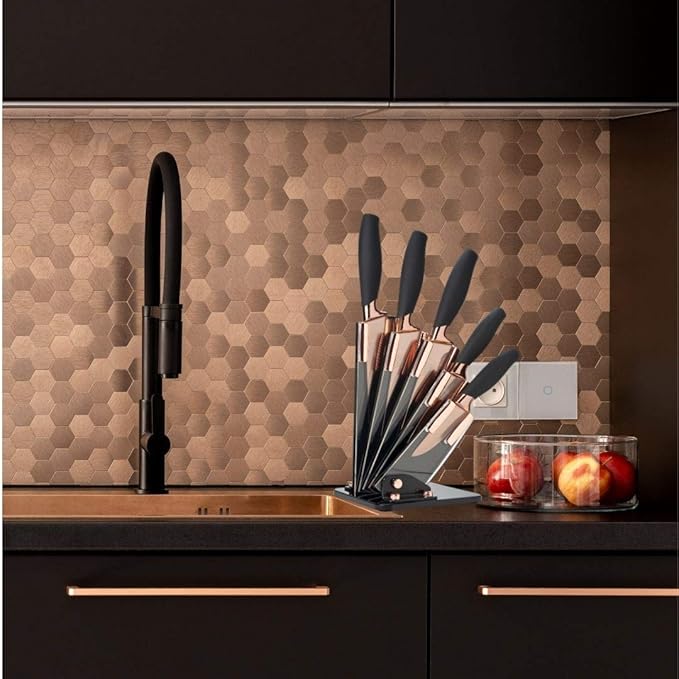 5pc Kitchen Knife Set & Block - Brooklyn by Taylors Eye Witness. Rose Gold Coloured Bolsters, Finely Ground Razor Sharp Titanium Coated Matching Blades. Soft Grip Handles. Modern Fan Shaped Holder.