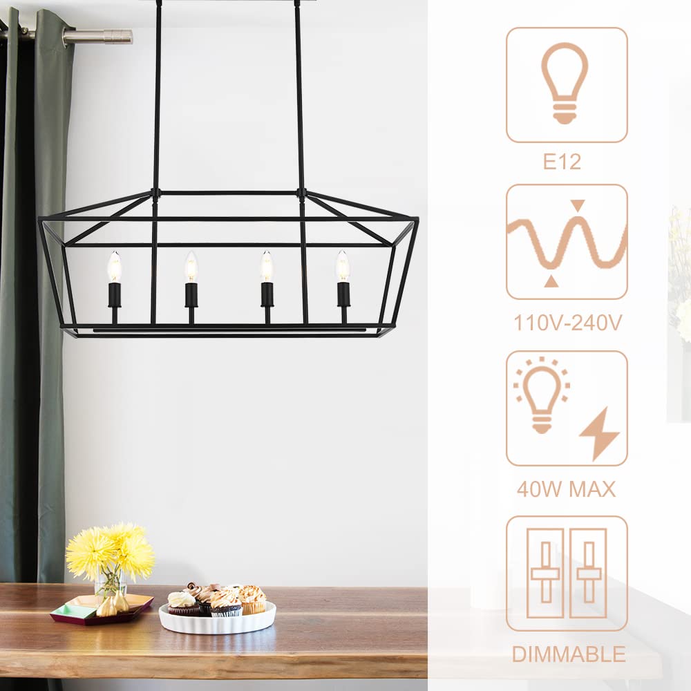 Winshen 4-Lights Rustic Chandelier For Dining Room  32-Inches Width Pendant Lighting For Kitchen Island In Black Finish