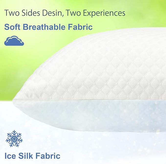 Shredded Memory Foam Pillows for Sleeping 2 Pack - Cooling Bed Pillows King Size Set of 2 - Medium Frim Gel Pillows for Side & Back Sleeper with Washable Removable Cover