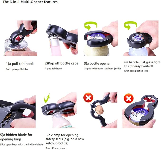 Bottle Opener Set,2Pcs Inclinding 5-in-1 and 6-in-1, Can, Soda, and Jar Openers, Twist Off Lid – Jar Opener for Seniors and Arthritic Hands (Gray Black)