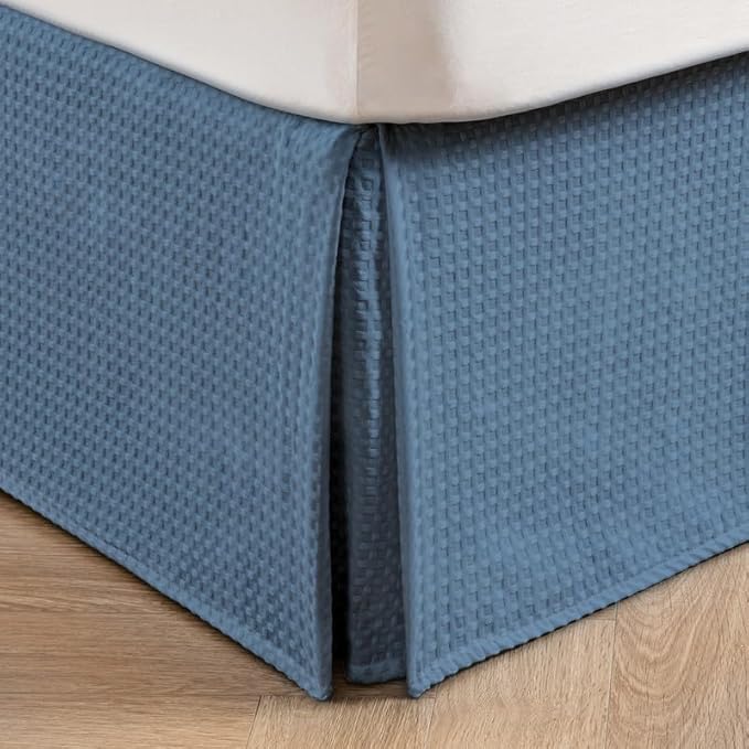 MIYE Pleated Waffle Weave Bed Skirt, Tailored Dust Ruffle 12 Inch Drop Easy Fit, Machine Washable (Blue, Queen - 12" Drop)