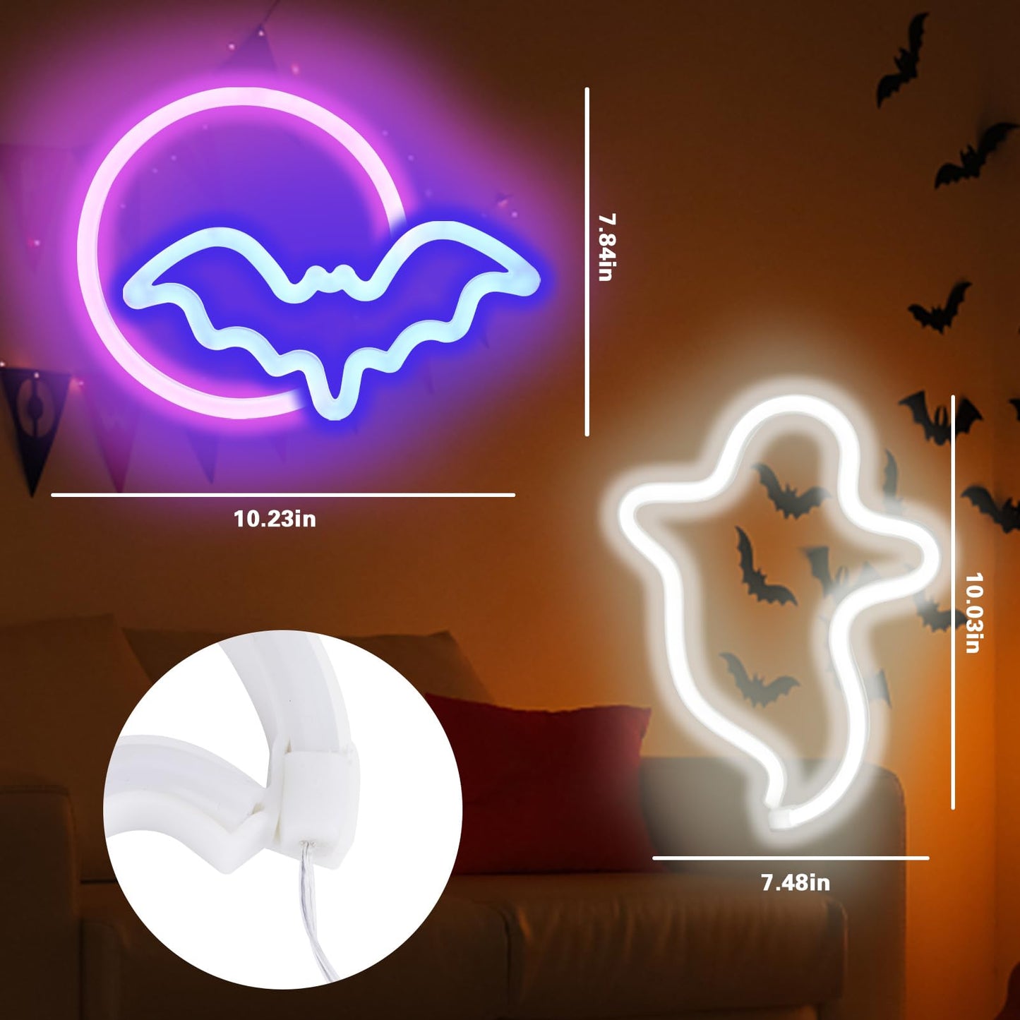 Brightdeck 2 Pack Halloween Neon Signs  White Ghost  Blue Bat Full Moon Neon Lights Decorations  Usb/Battery Powered Led Neon Sign For Halloween Wall Decor  Bedroom  Kids Gift  Bar  Party(Full Moon)
