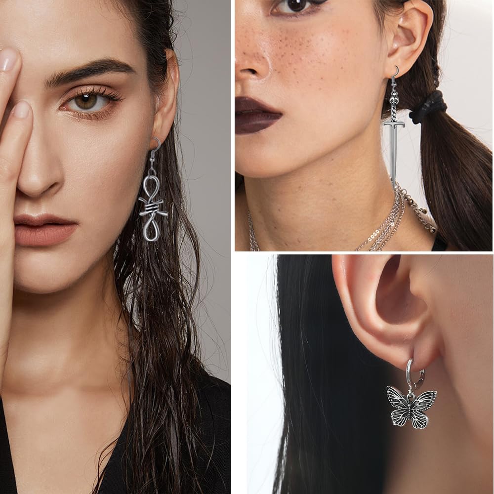 Halloween Gothic Earrings Set, Metal Punk Goth Vintage Silver Snake Spider Butterfly Dagger Dangle Drop Earrings for Women, Grunge Y2K Emo Jewelry Pack Party Costume Accessories (Style1)