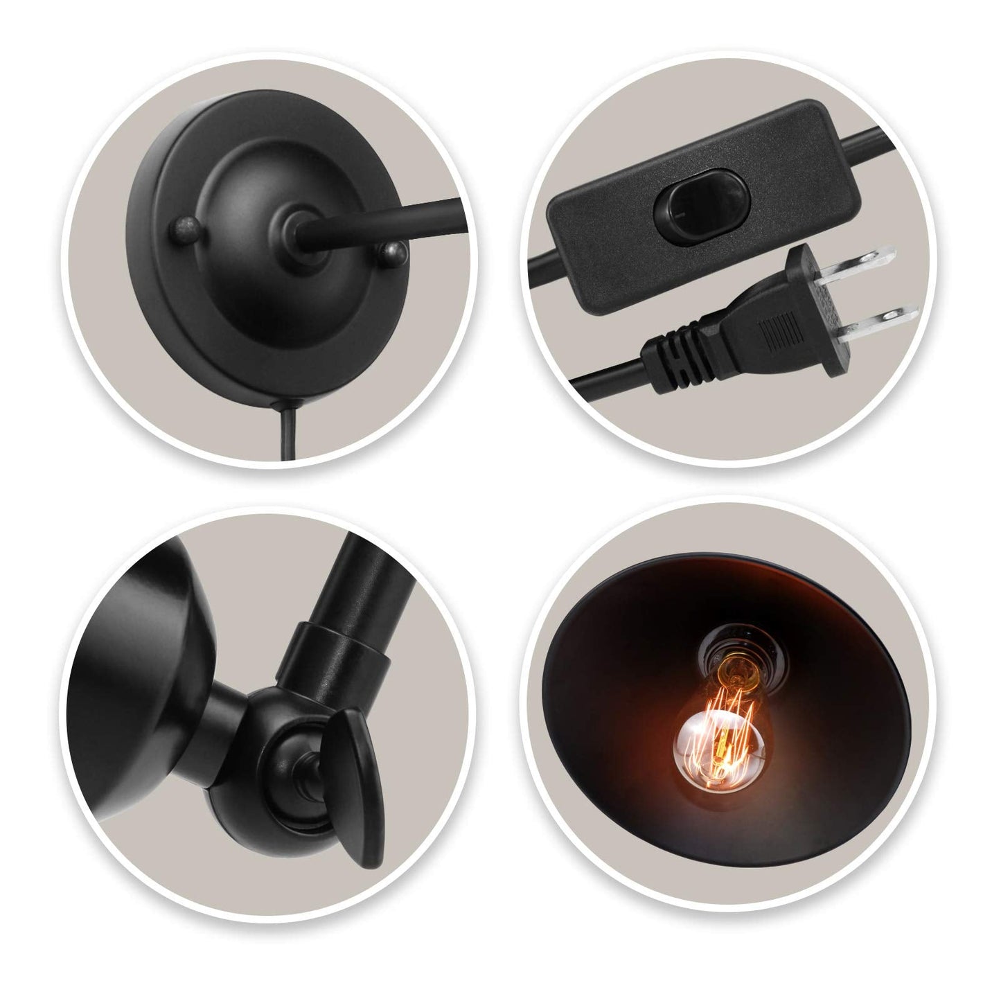 AEOREAL Plug in Wall Sconce, Antique Swing Arm Light Fixture, E26 Base, 2 Pack, Black