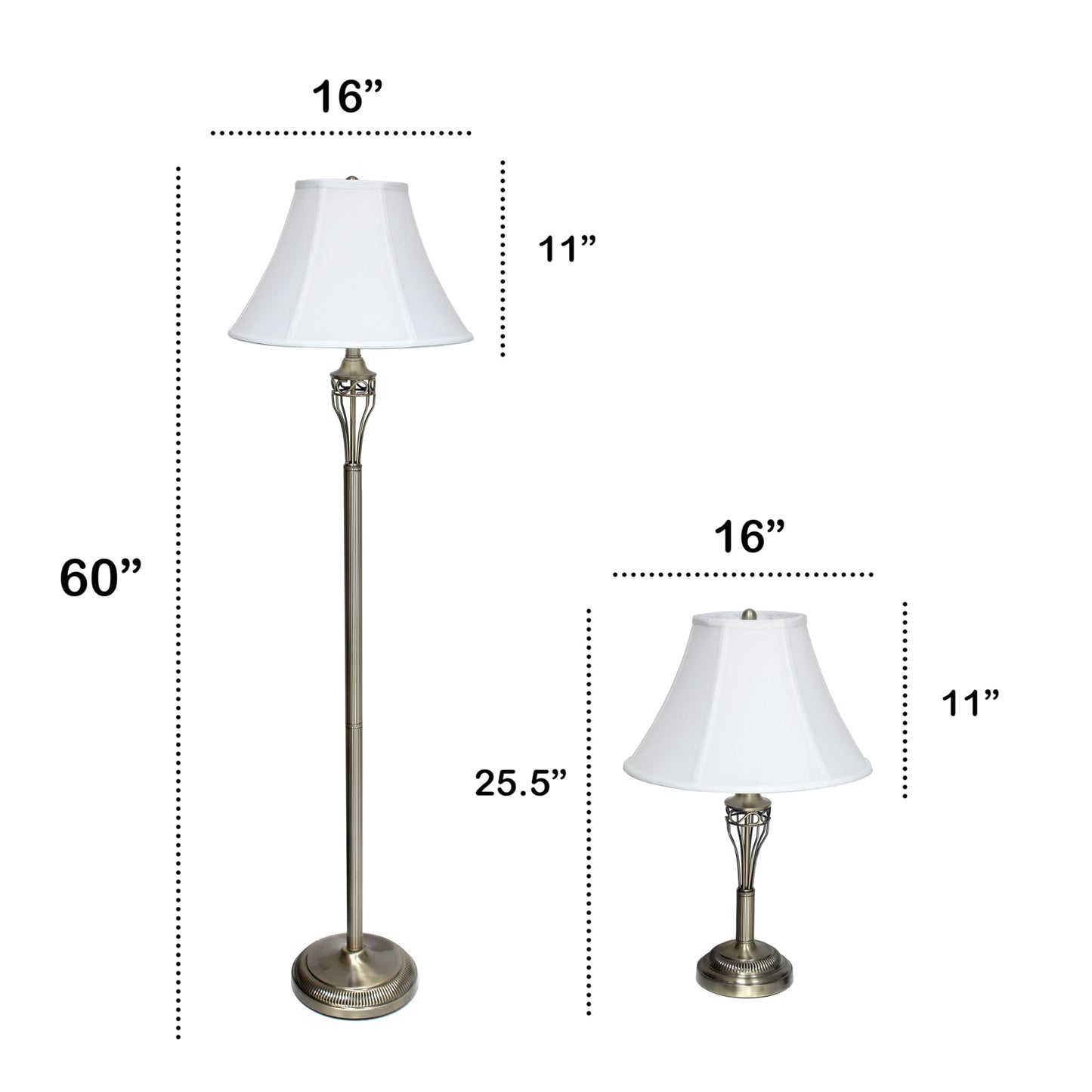 Lalia Home 3 Piece Metal Lamp Set - 2 Table Lamps & 1 Floor Lamp, Antique Brass Finish, White Empire Fabric Shades, Model 1270-LHS-1002-AB