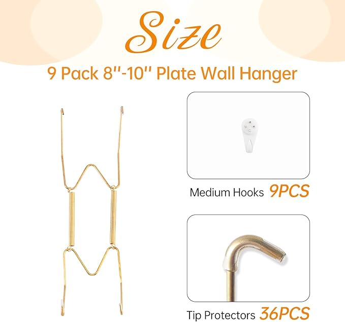 Bilillo 9 Pack Plate Hangers for The Wall, Suitable for 8-10 inch Art Plate, Stainless Steel Invisible Heavy Duty Wire Plate Holder with Wall Hooks, Plate Hangers for Displaying Plates, Platter, Dish
