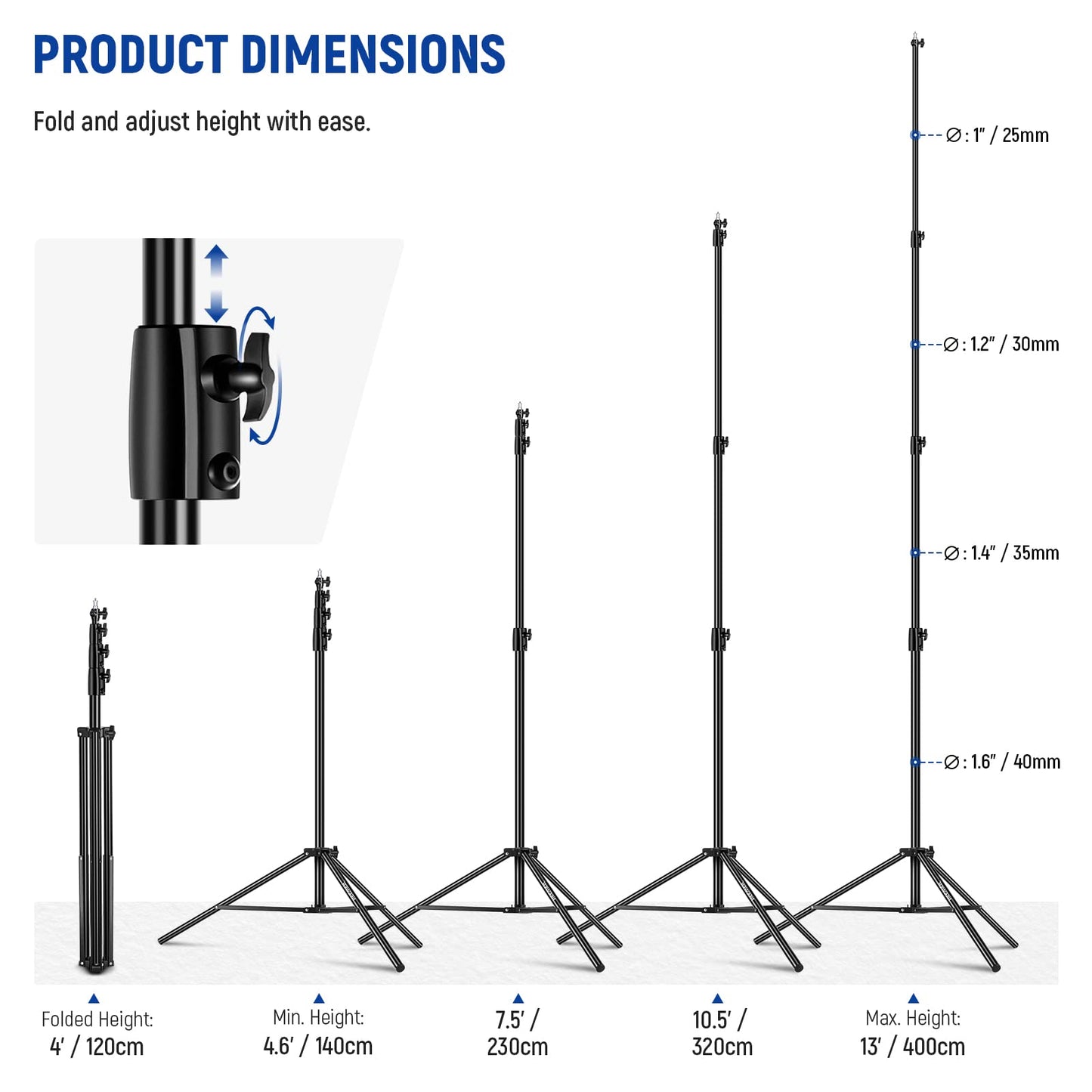 NEEWER 13ft/4m Air Cushioned Light Stand, Heavy Duty All Metal Photography Tripod Stand with 1/4” to 3/8” Reversible Spigot, 3 Way Mounting Interface & Metal Locking Knobs, Max Load 6.5lb/3kg
