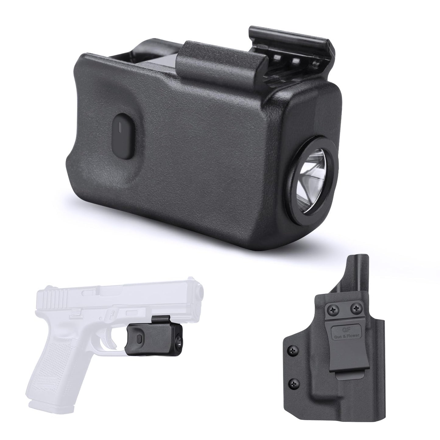 GUN & FLOWER IWB Kydex Holster with 150 Lumen LED Flashlight, Right Hand Draw, D-kydex Holster+Light, Compatible with Glock 17/19