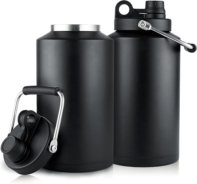 2 Packs 1 Gallon Water Jug Bottle Insulate, 128 oz Stainless Steel Water Bottle Wide Mouth Double Vacuum Dishwasher Safe BPA Free for Hot & Cold Drinks Black