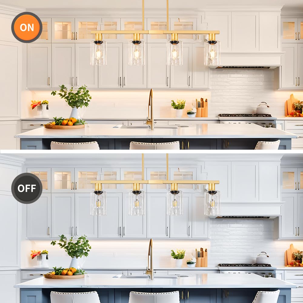 4-Light Kitchen Island Lighting  Gold Dining Room Light Fixtures Over Table  Island Lights With Glass Shade  Farmhouse Pendant Lights Kitchen Chandelier For Restaurant Bar  Height Adjustable