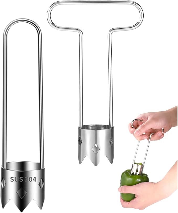 Red Bell Pepper Seed Corer, Upgraded T Shaped Vegetable and Fruit Corer Stainless Steel Tomato Apple Seed Remover Tool Practical Kitchen Gadget for Removing Fruit & Vegetable Cores (A+B)