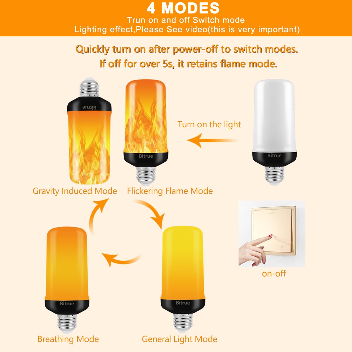 Bitrue LED Flame Effect Light Bulb, E26 Base, 4 Modes, Gravity Sensor, 4 Count Pack, FPC+LED Material