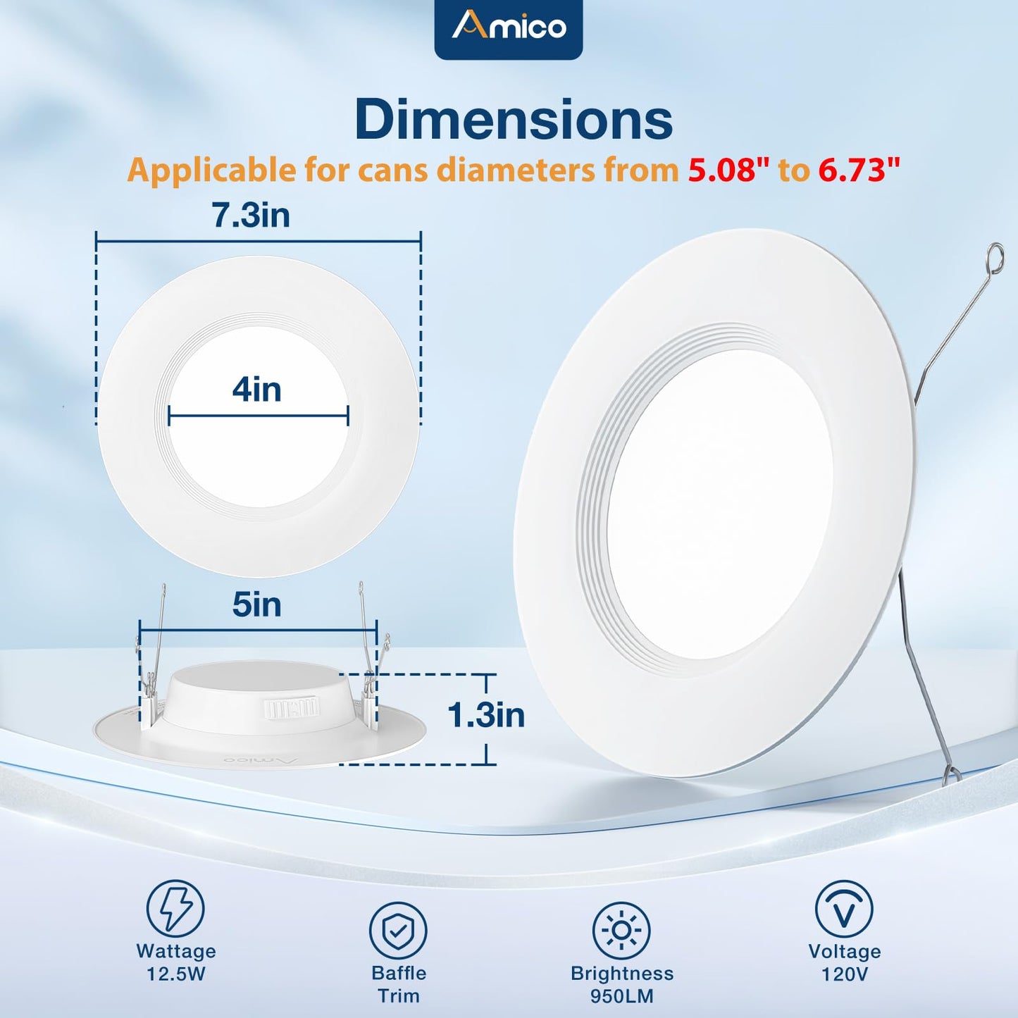 Amico 5/6 Inch 5Cct Led Recessed Lighting 6 Pack  Dimmable  Ic Rated  12.5W=100W  950Lm Can Lights With Baffle Trim  2700K/3000K/4000K/5000K/6000K Selectable  Retrofit Installation  Etl & Fcc