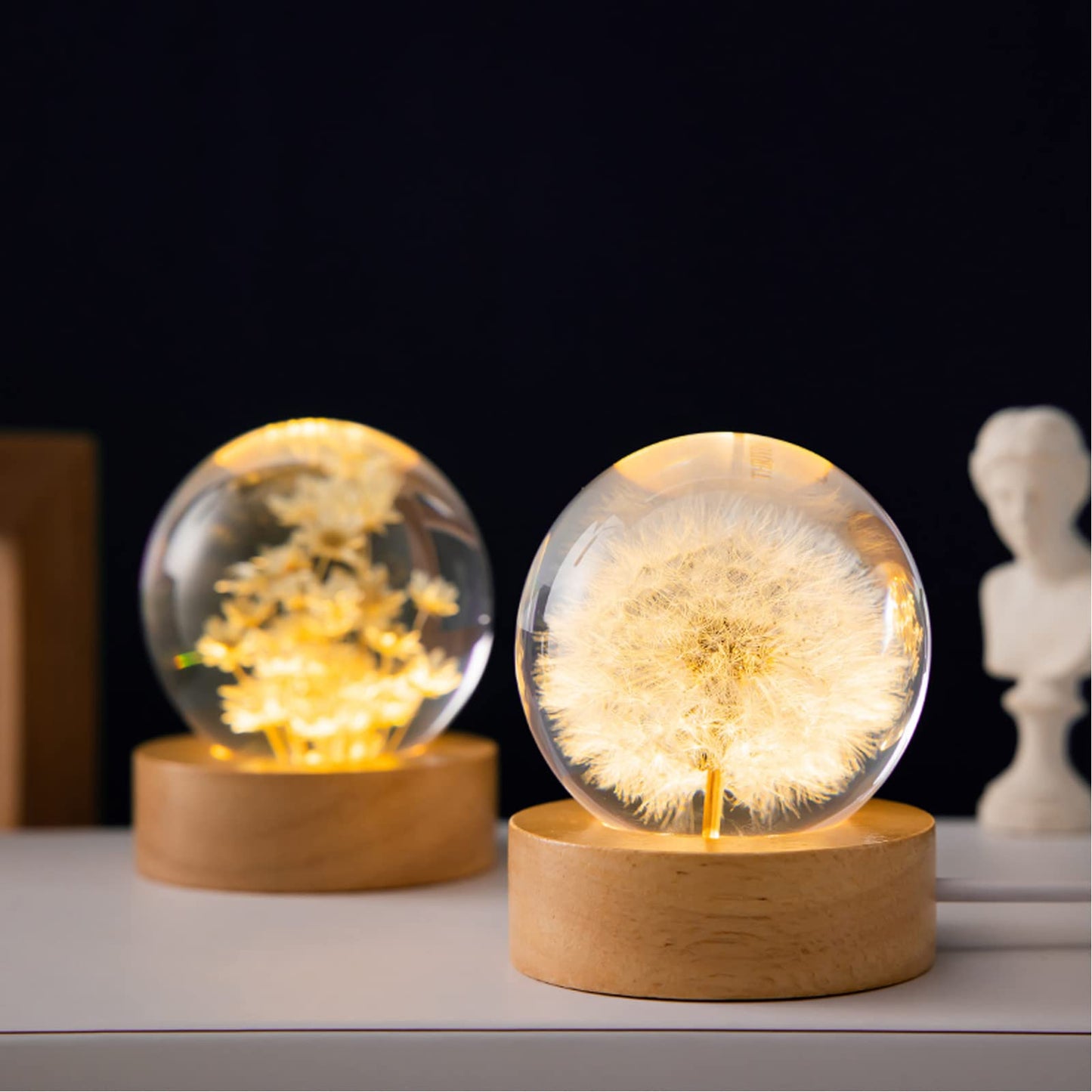 MARZIUS Flower Crystal Ball Night Light, 2.4in Glass Lamp with Wooden Base, Dandelion 2, Model CB320