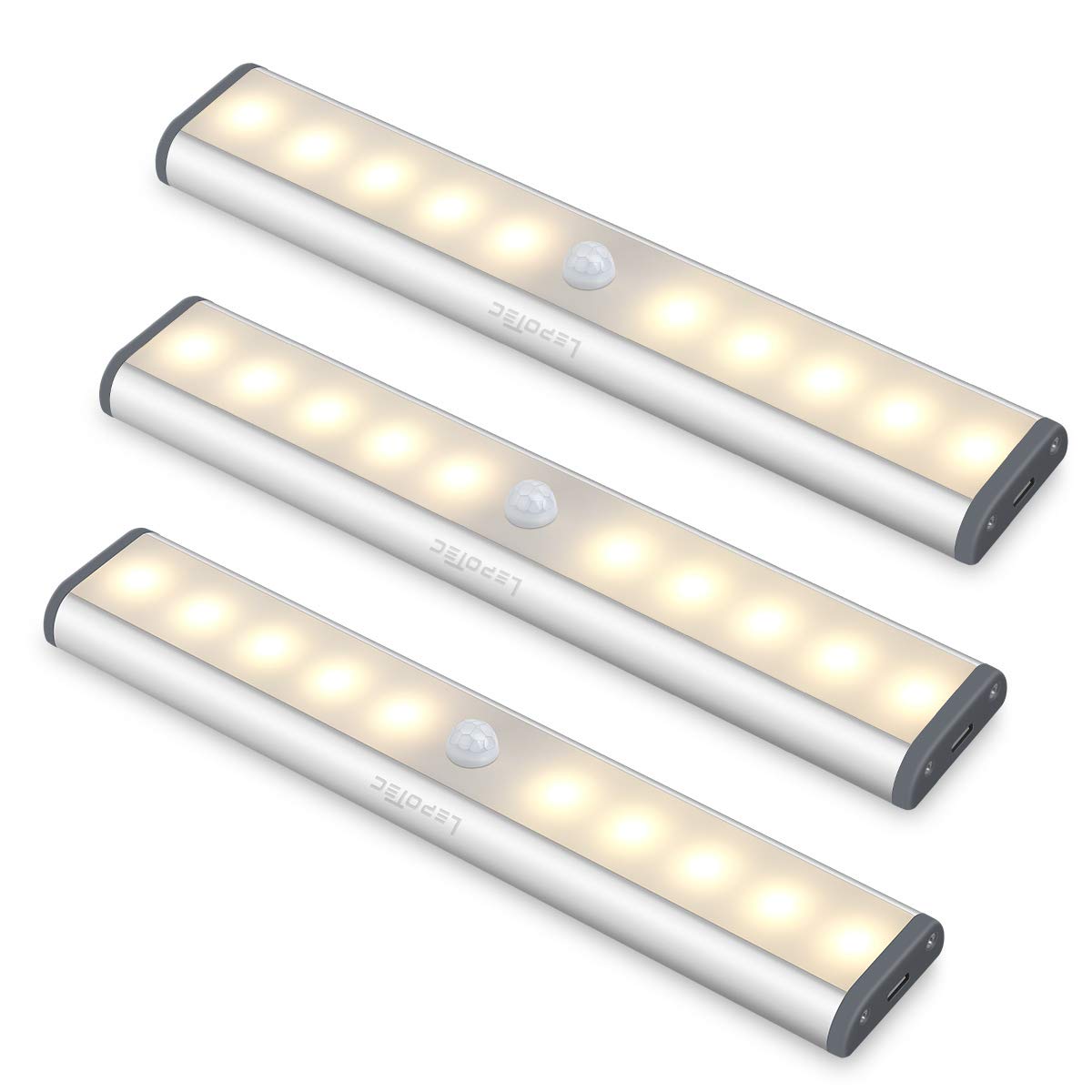 LEPOTEC LED Kitchen Lights, Wireless Motion Sensor, Rechargeable, 10LED, Silver-White Light, Model W10-3, 3-Pack