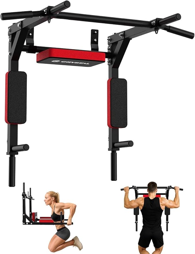 CRYSTAL FIT Multifunctional Wall Mounted Pull Up Bar, Chin Up Bar and Dip Station, Heavy Duty Steel Supports to 440 Lbs, H...