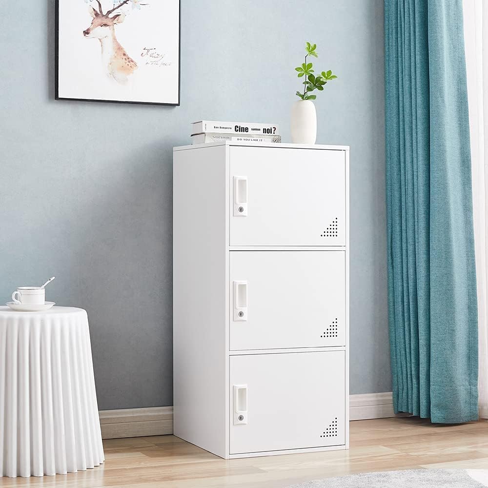 Student Locker Organizer, Multi-Door Steel Locker, Small Locking Cabinet Storage Organizer, Office File Cabinet, Home Locker, Gym Locker, Metal Storage Locker (3 Door, White)