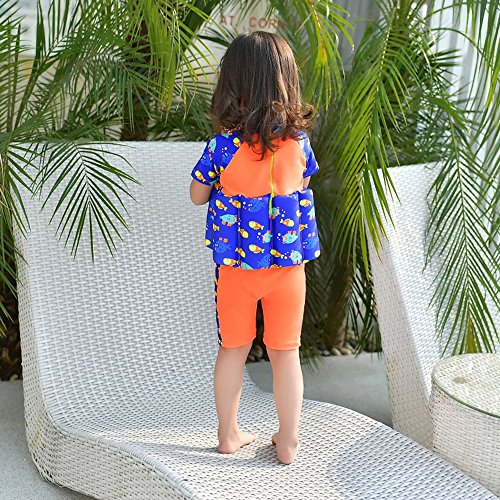 Floating Swimsuits for Kids Toddlers, Orange and Blue Color with Swimming Cap and Inflatable Arm Ring