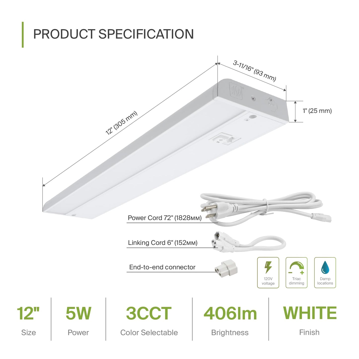 Asd Led Under Cabinet Lighting, 12 Inch, Dimmable, Hardwired/Plug-In, 3 Color Levels, 20-Pack, Energy Star, White