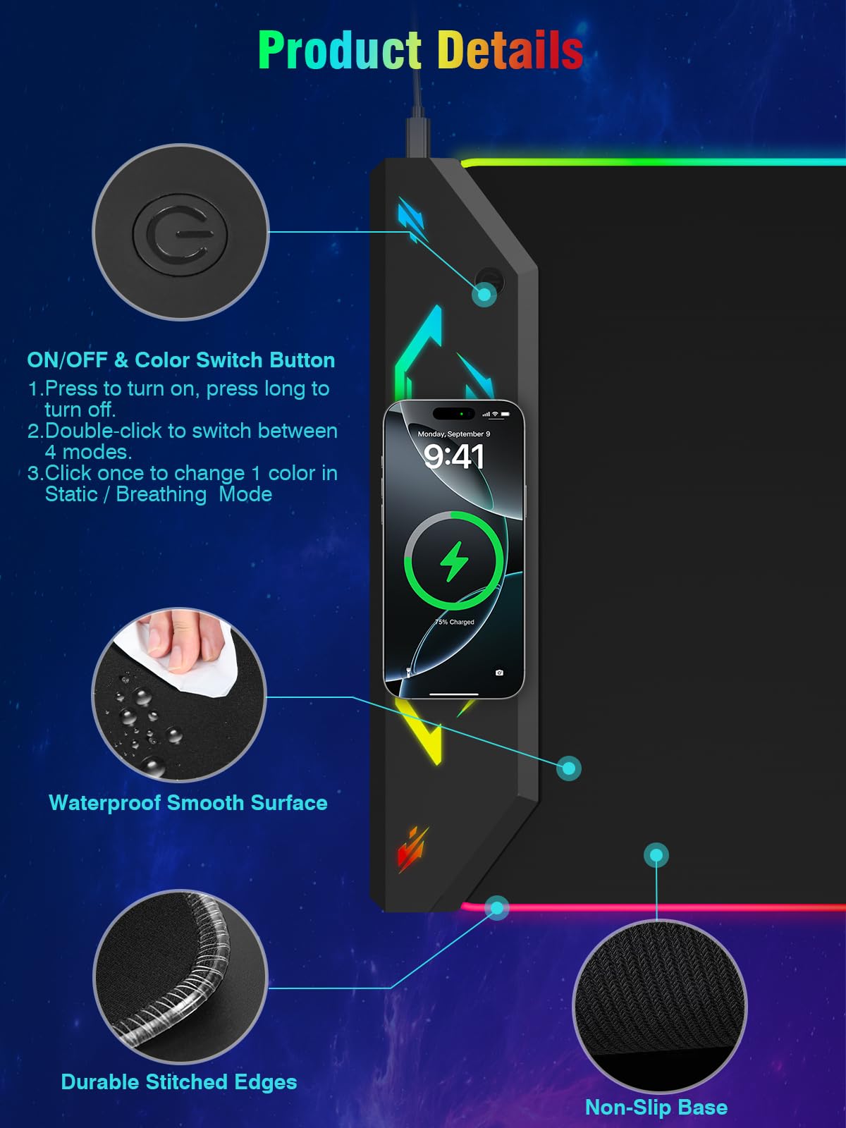 Gaming Mouse Pad RGB, 35"x15.8" Large Keyboard Desk Mat with Magnetic Wireless Charging for iPhone, 24 Light Effects, Non-Slip Base, Waterproof Ultra-Smooth Surface, with Adapter, Black