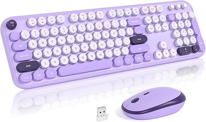 MOFII Wireless Keyboard and Mouse Combo, 2.4GHz Retro Typewriter Keyboard Full Size and Silent Mouse, 2-in-1 USB Receiver Plug and Play, for Laptop, PC, Desktop, Windows (Violet)