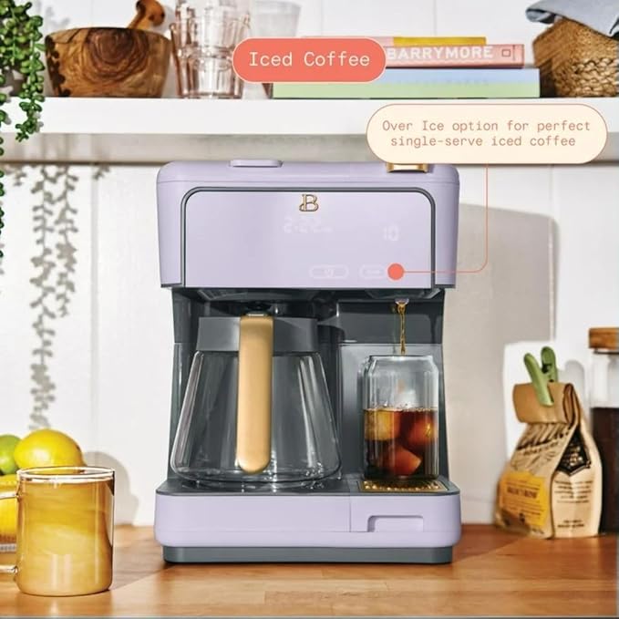 Beautiful by Drew Barrymore Multi-Brew Coffee Maker, 12-Cup Carafe + Single-Serve, Pods or Grounds, Over Ice, Touch Display. (Lavender)