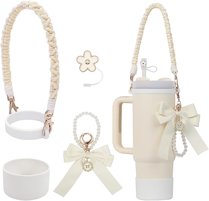 Stanley Cup Accessories Set- Water Bottle Handle Strap, Stanley Cup Protective Silicone Boot, Bow Design Stanley Charms for Stanley Cup 40oz /30 oz Tumbler (white)